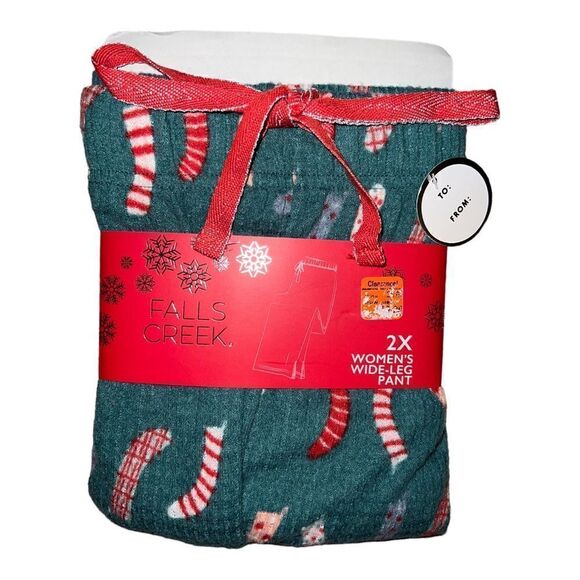 Falls Creek Womens Green Lounge Pants Wide Leg Drawstring Holiday Plus 2X NWT - Picture 1 of 2
